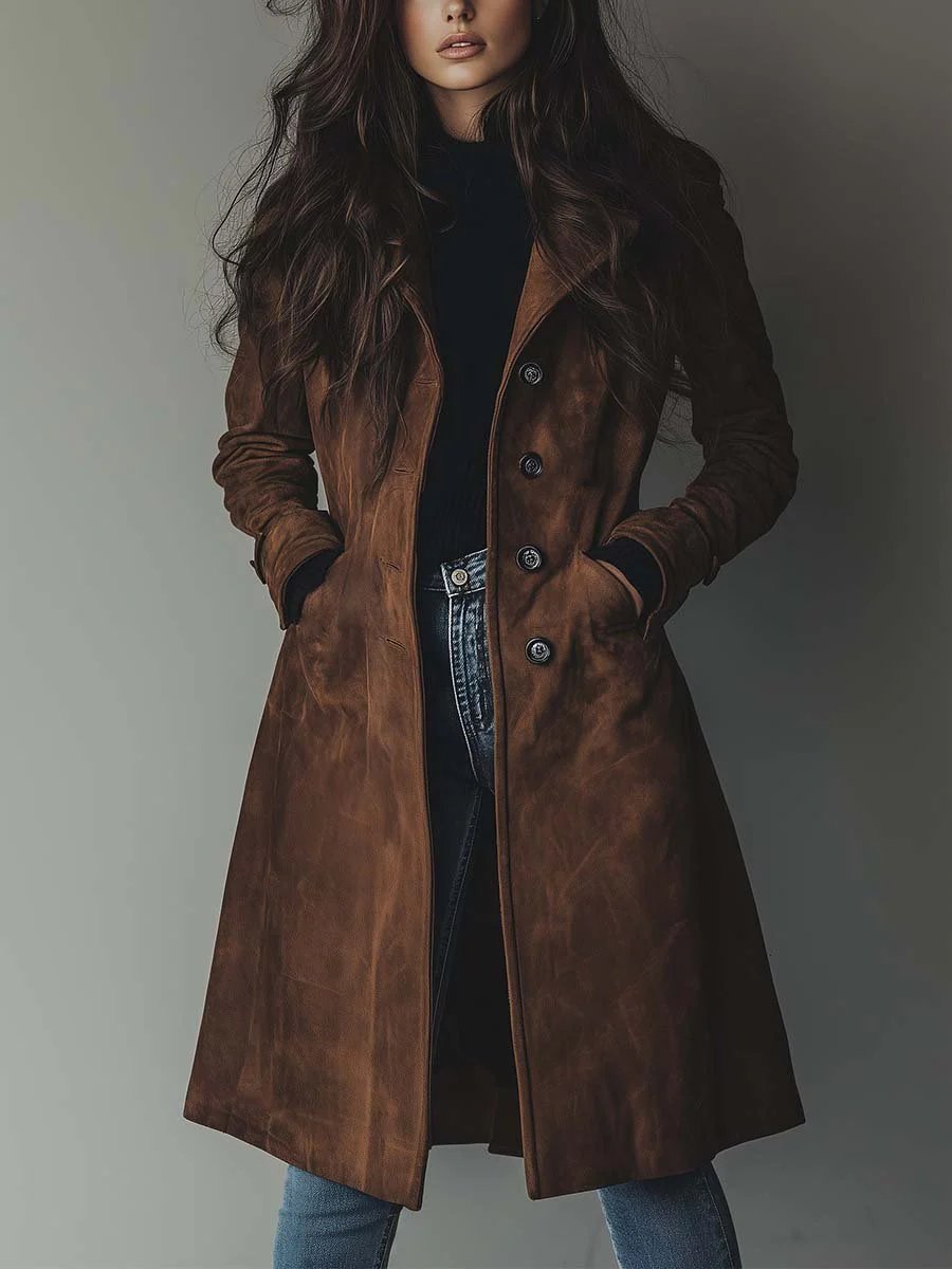Women's Double-Breasted Trench Coat Classic Vintage Style - Braun