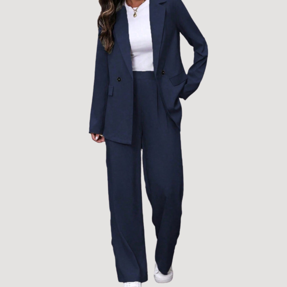 Women's Double-Breasted Wide-Leg Tailored Trouser Suit - Navy Blue
