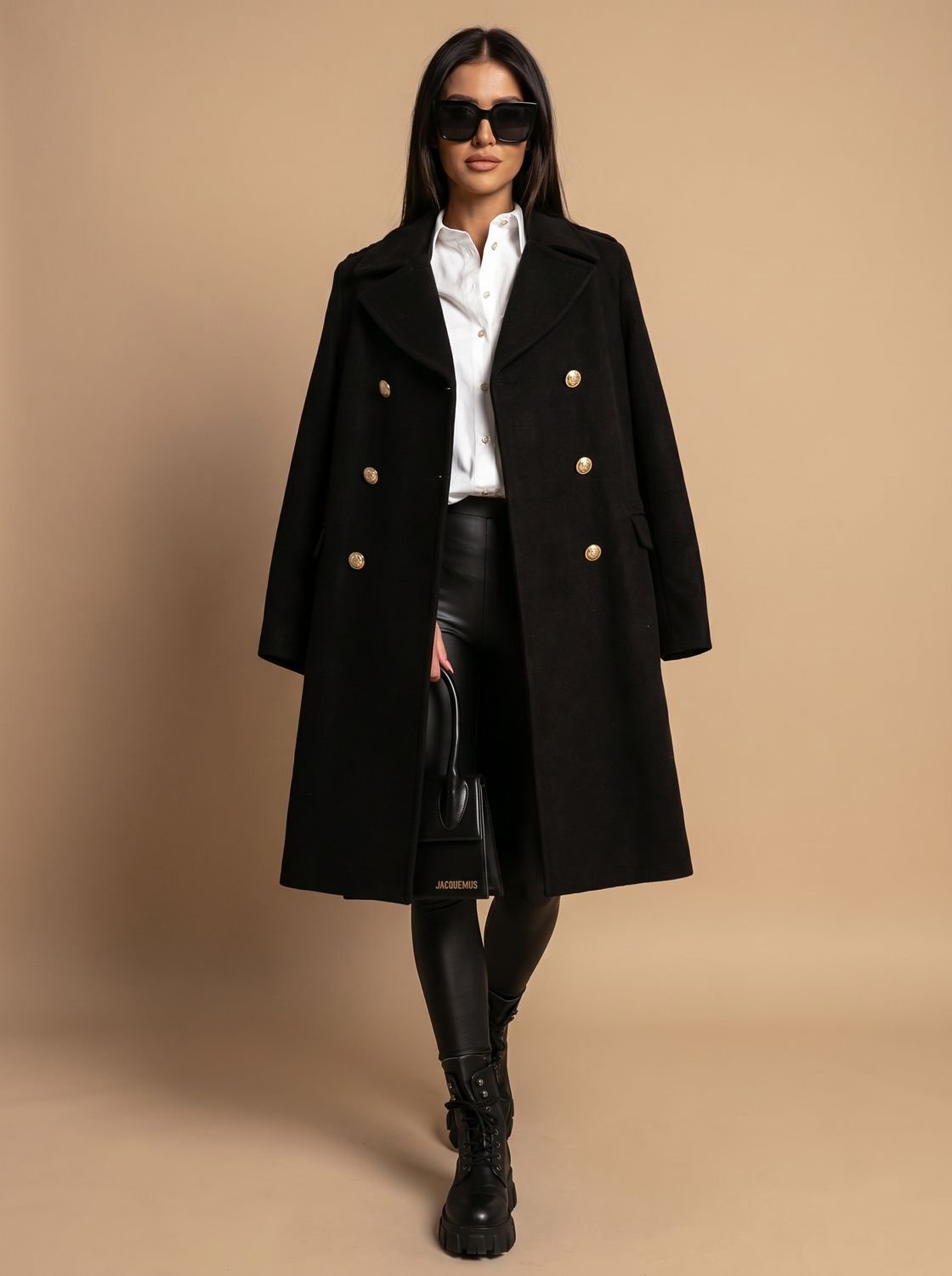 Women's Double Breasted Wool Coat Gold Button Notch Lapel - Black