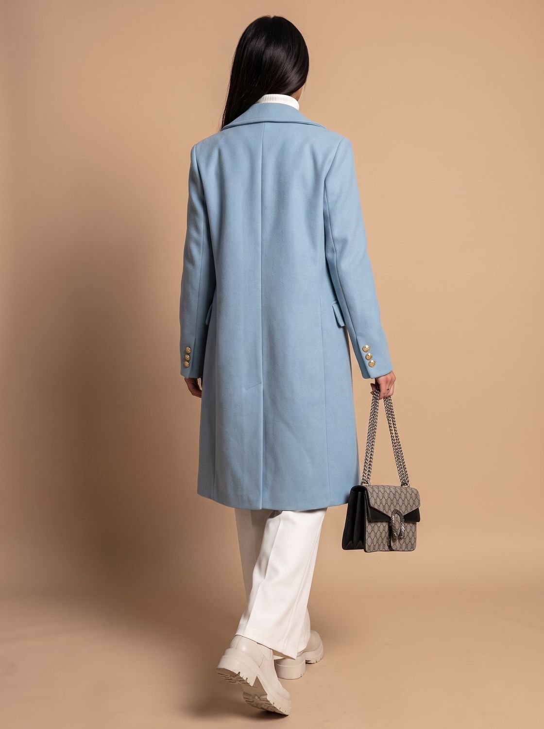 Women's Double Breasted Wool Coat Gold Button Notch Lapel
