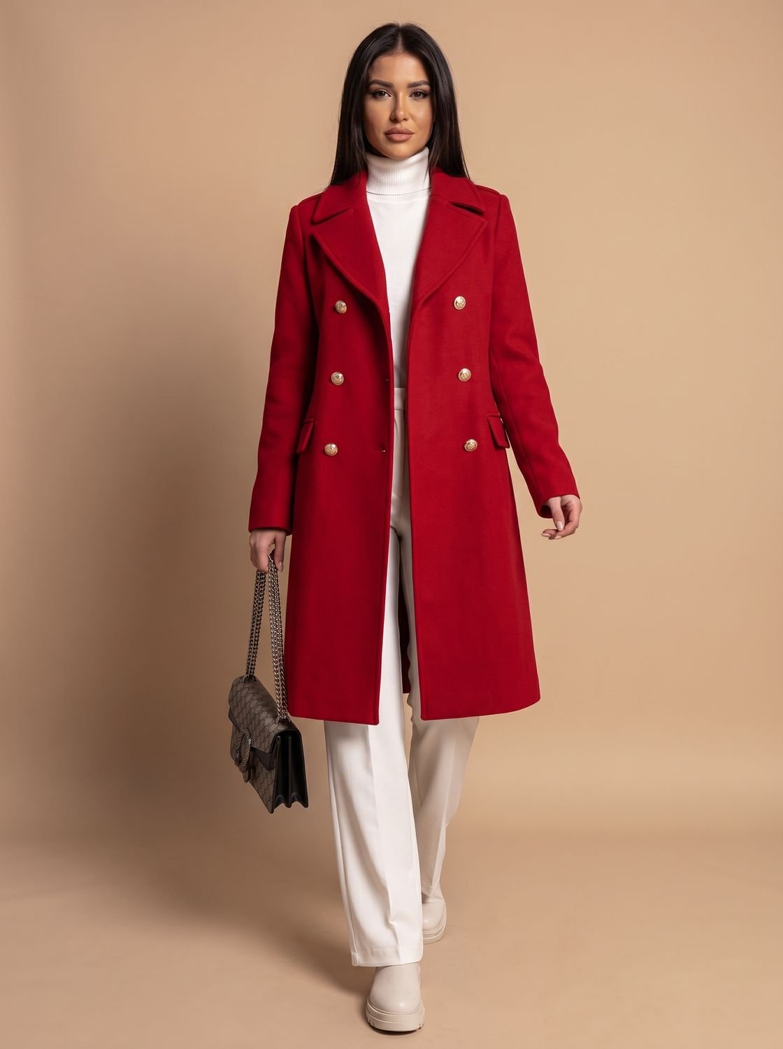 Women's Double Breasted Wool Coat Gold Button Notch Lapel