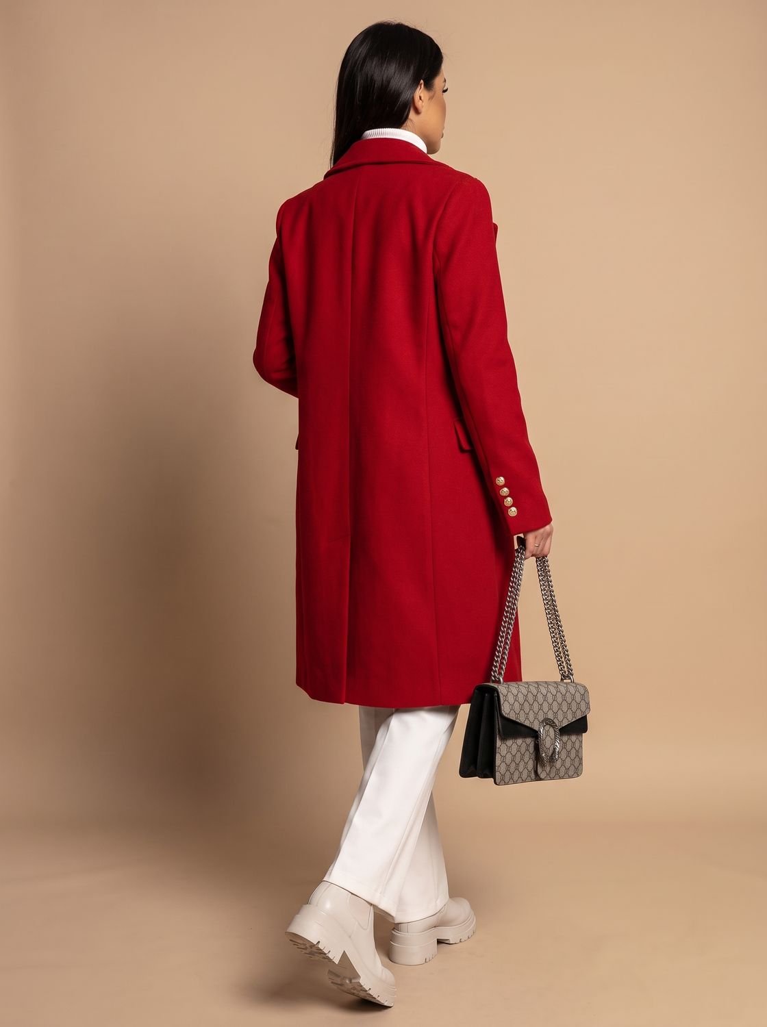 Women's Double Breasted Wool Coat Gold Button Notch Lapel
