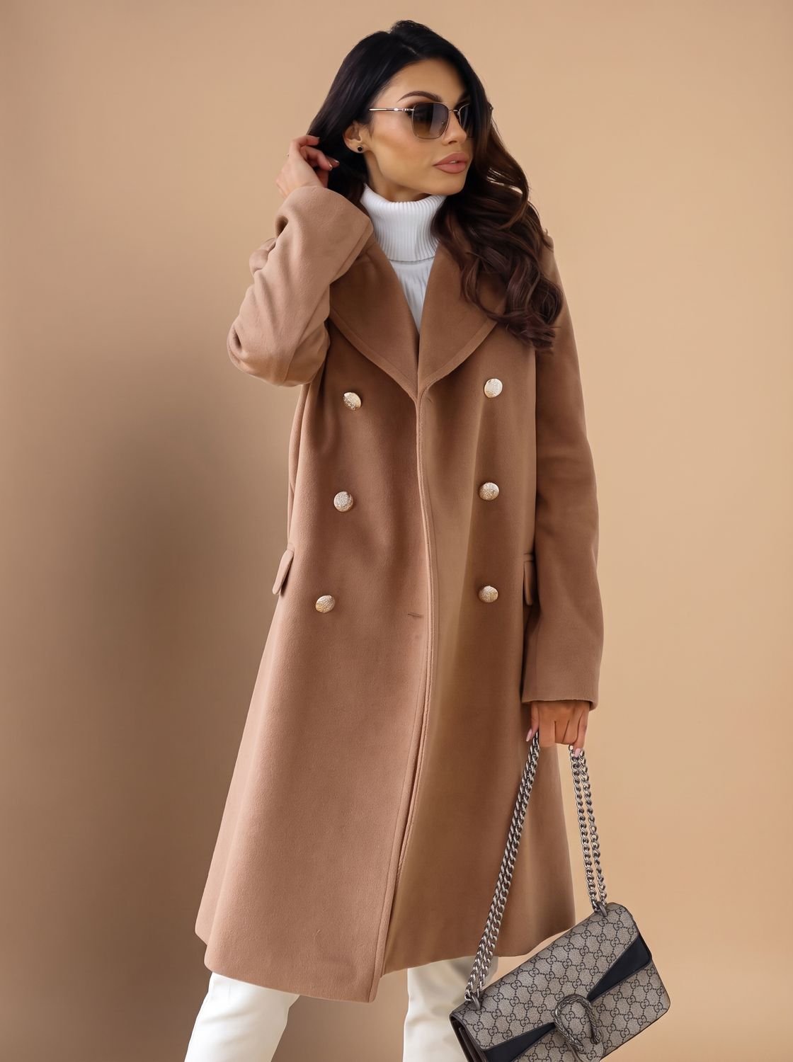 Women's Double Breasted Wool Coat Gold Button Notch Lapel - Brown