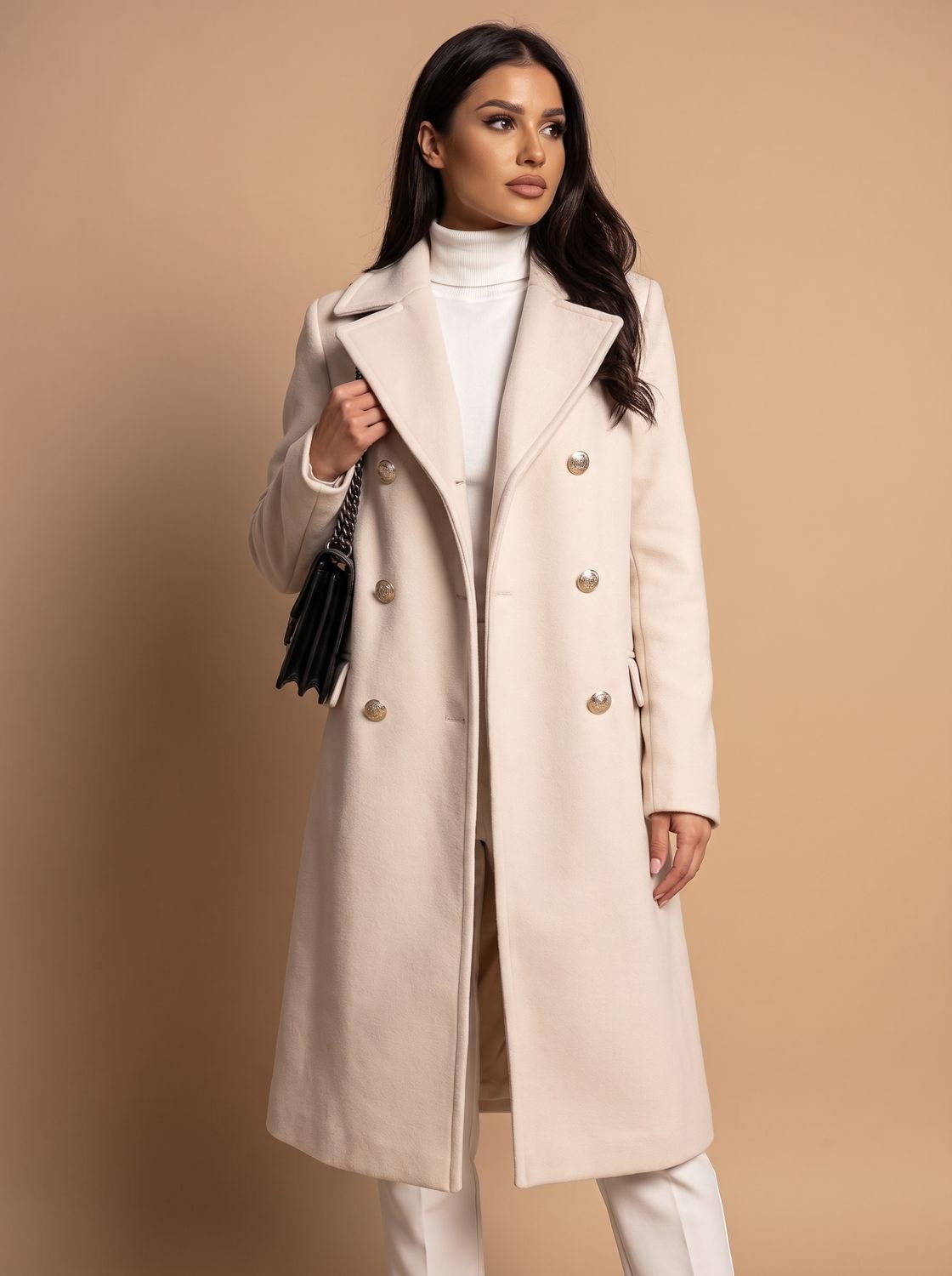 Women's Double Breasted Wool Coat Gold Button Notch Lapel - White