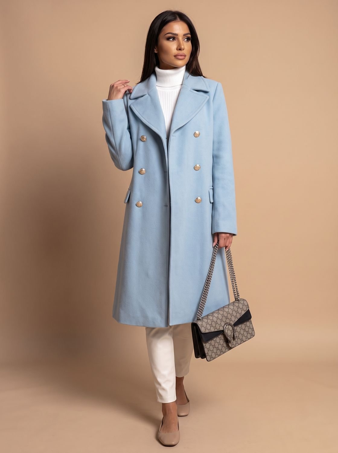 Women's Double Breasted Wool Coat Gold Button Notch Lapel - Blue