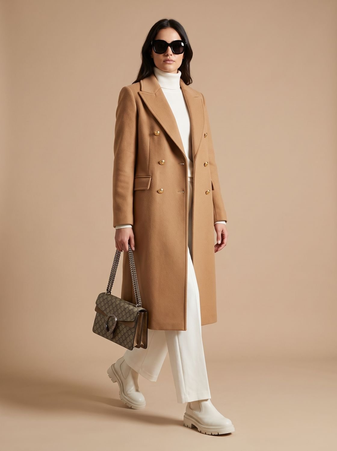 Women's Double Breasted Wool Coat Gold Button Notch Lapel