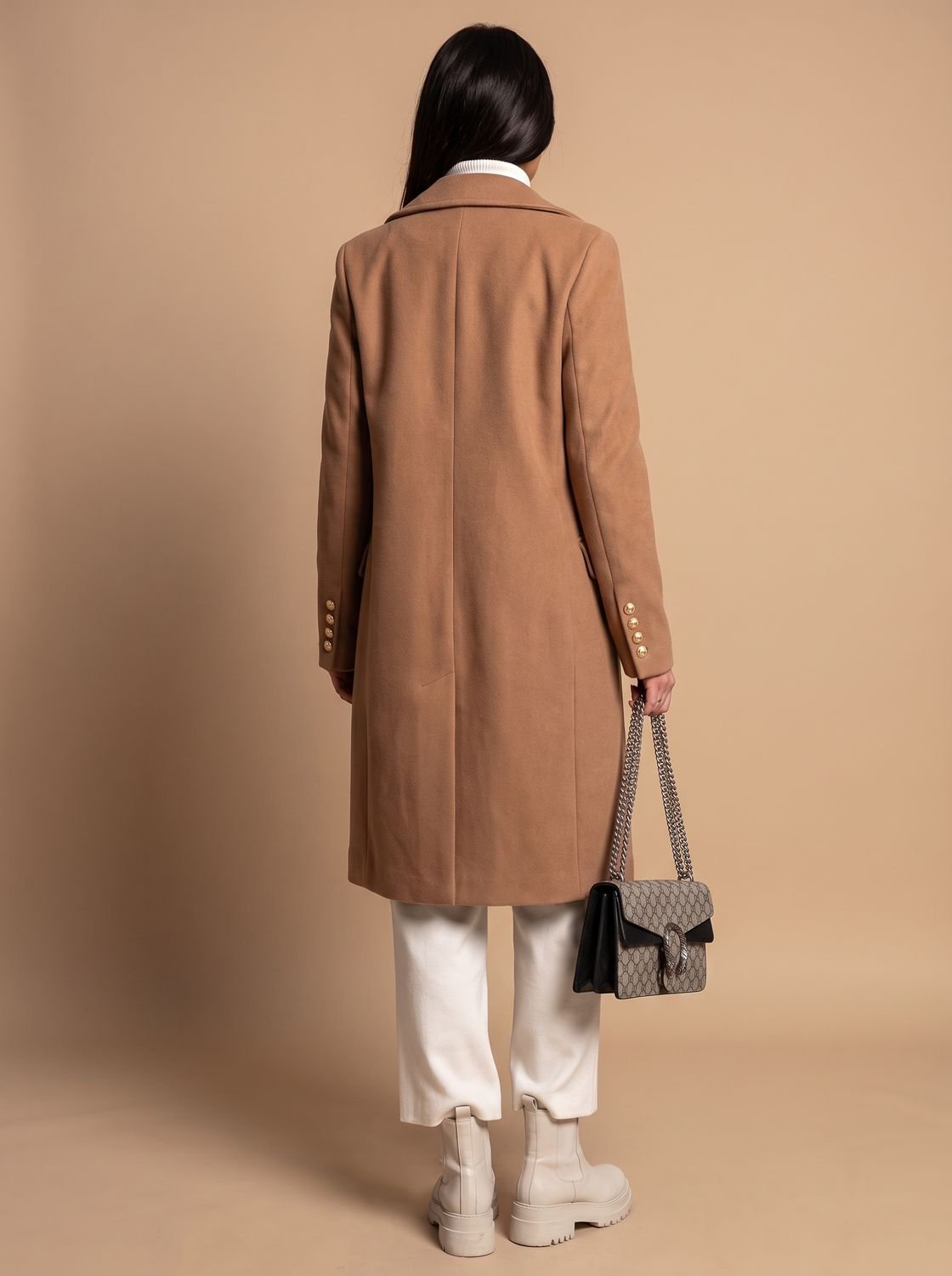 Women's Double Breasted Wool Coat Gold Button Notch Lapel