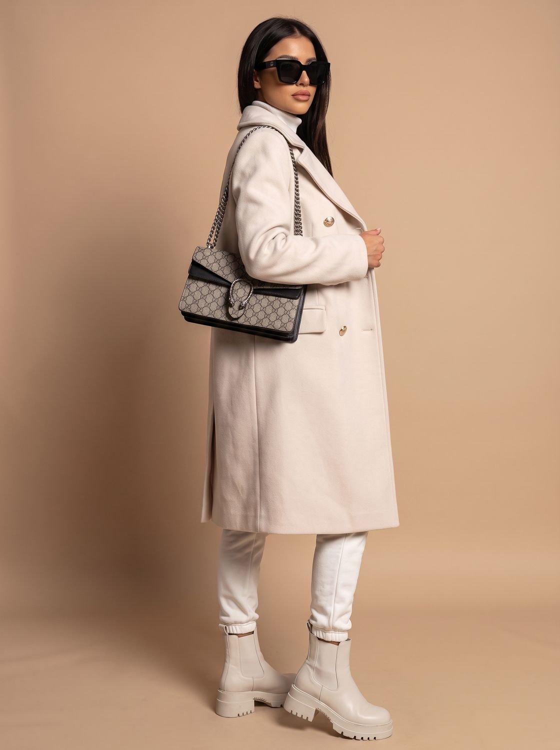 Women's Double Breasted Wool Coat Gold Button Notch Lapel