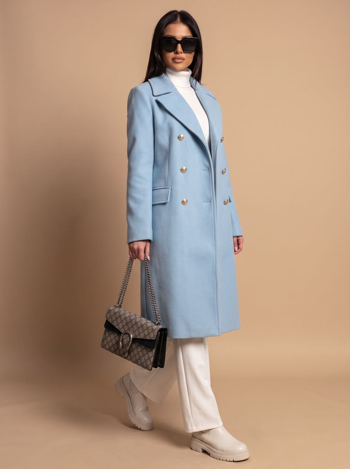 Women's Double Breasted Wool Coat Gold Button Notch Lapel