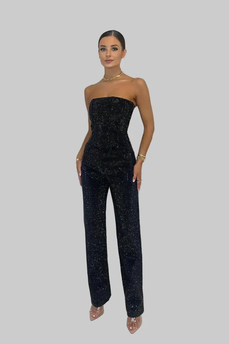 Womens Dress Style Strapless Sequin Straight-Leg Jumpsuit - Black