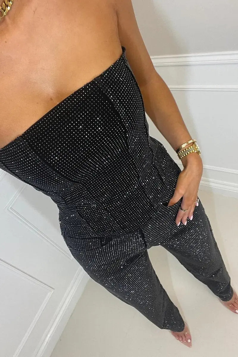 Womens Dress Style Strapless Sequin Straight-Leg Jumpsuit