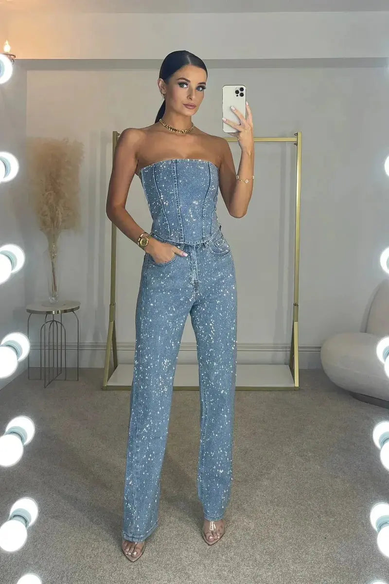 Womens Dress Style Strapless Sequin Straight-Leg Jumpsuit - Denim