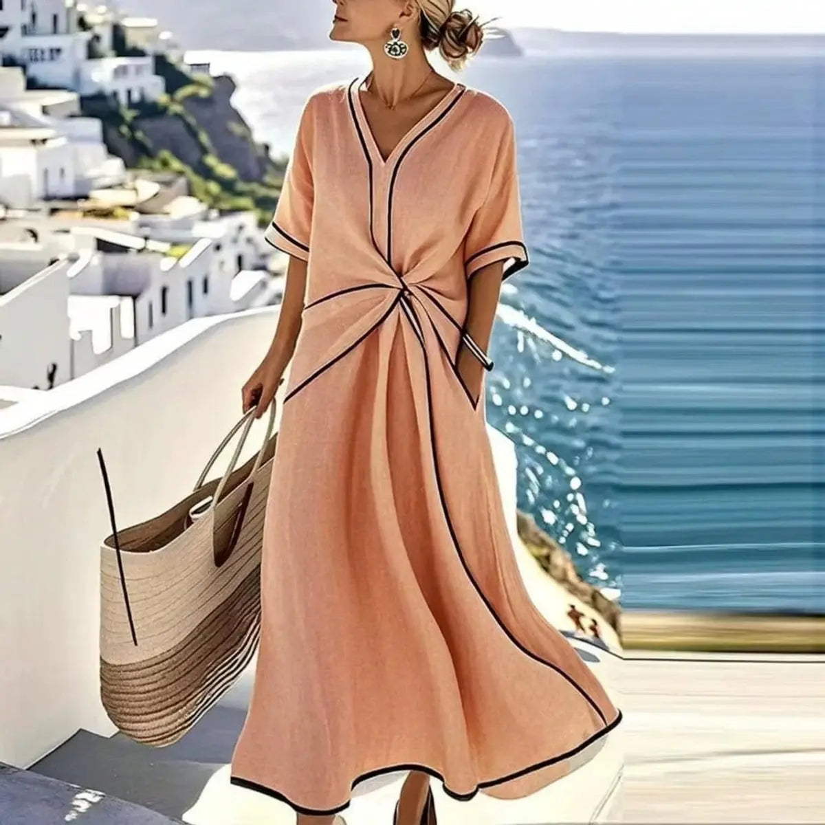 Women's Dress V-Neck Contrast Trim Midi Wrap Dress - Orange