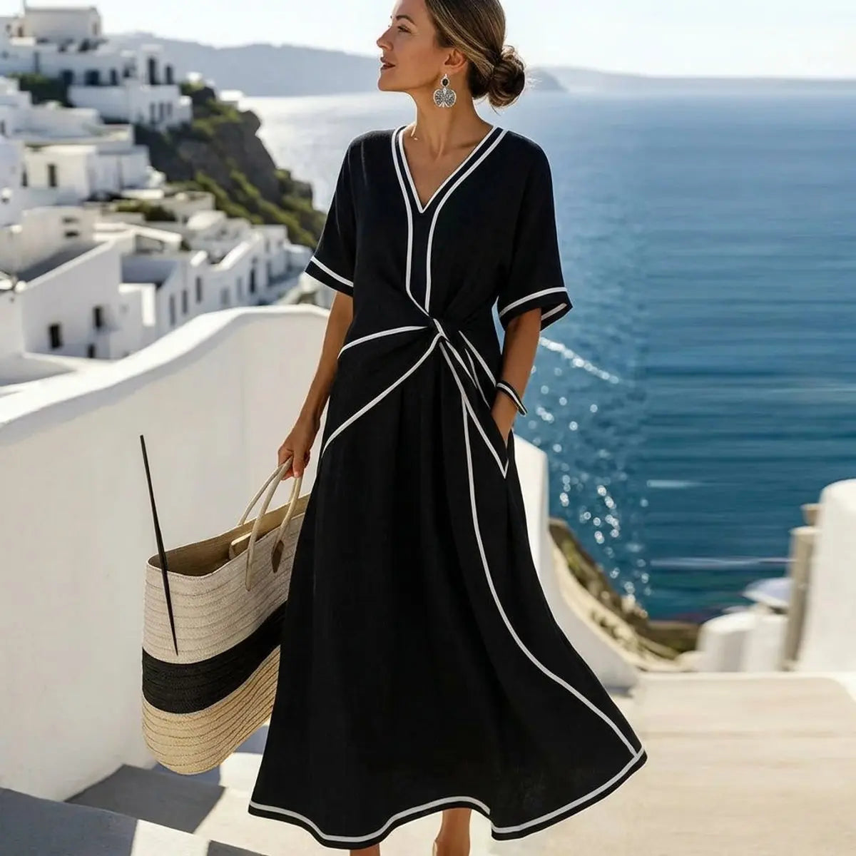 Women's Dress V-Neck Contrast Trim Midi Wrap Dress - Black