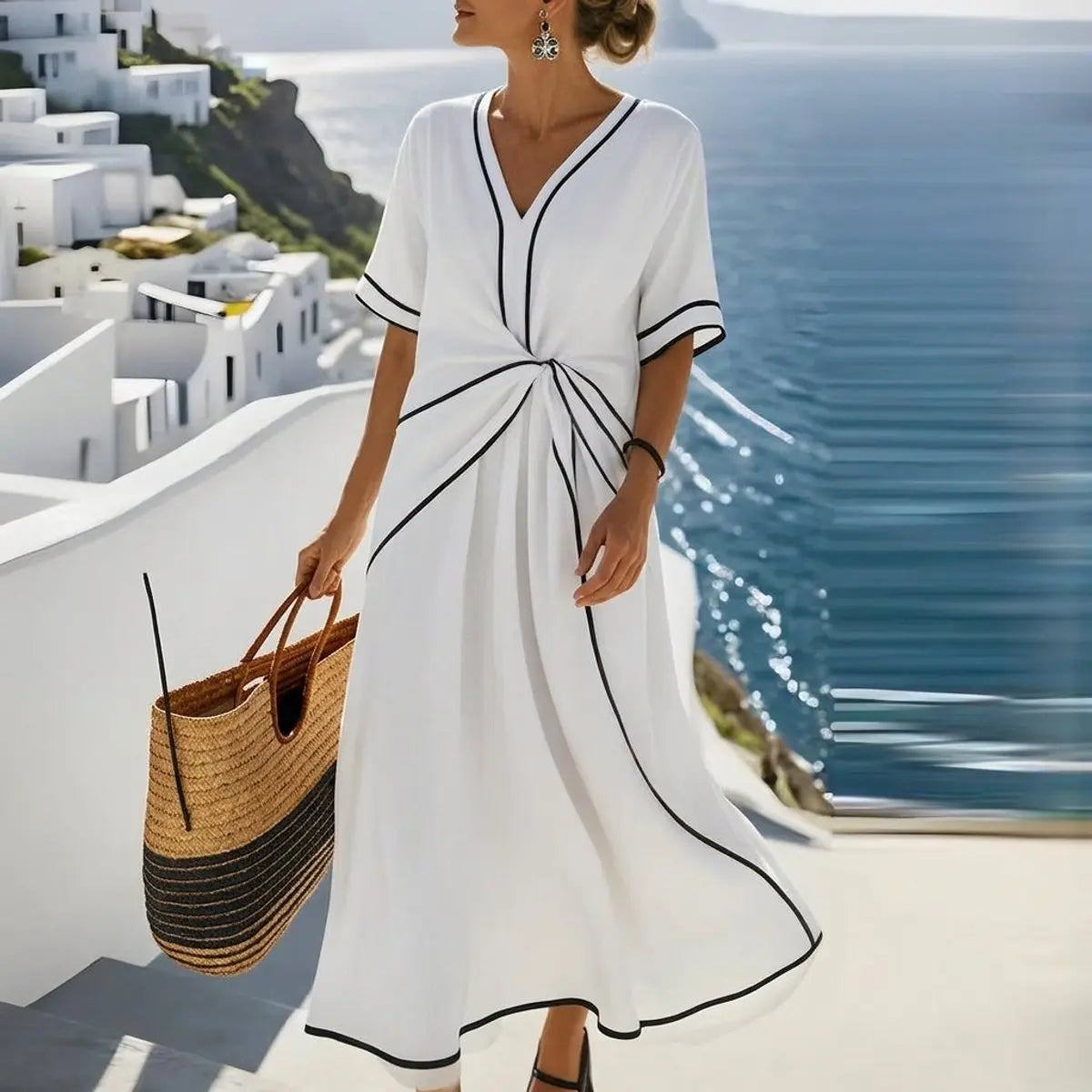 Women's Dress V-Neck Contrast Trim Midi Wrap Dress - White