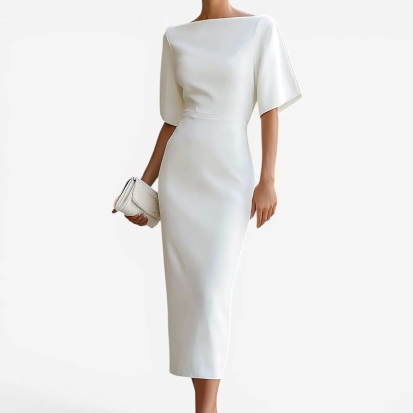 Women's Elegant Batwing Short-Sleeve Midi Formal Dress - White