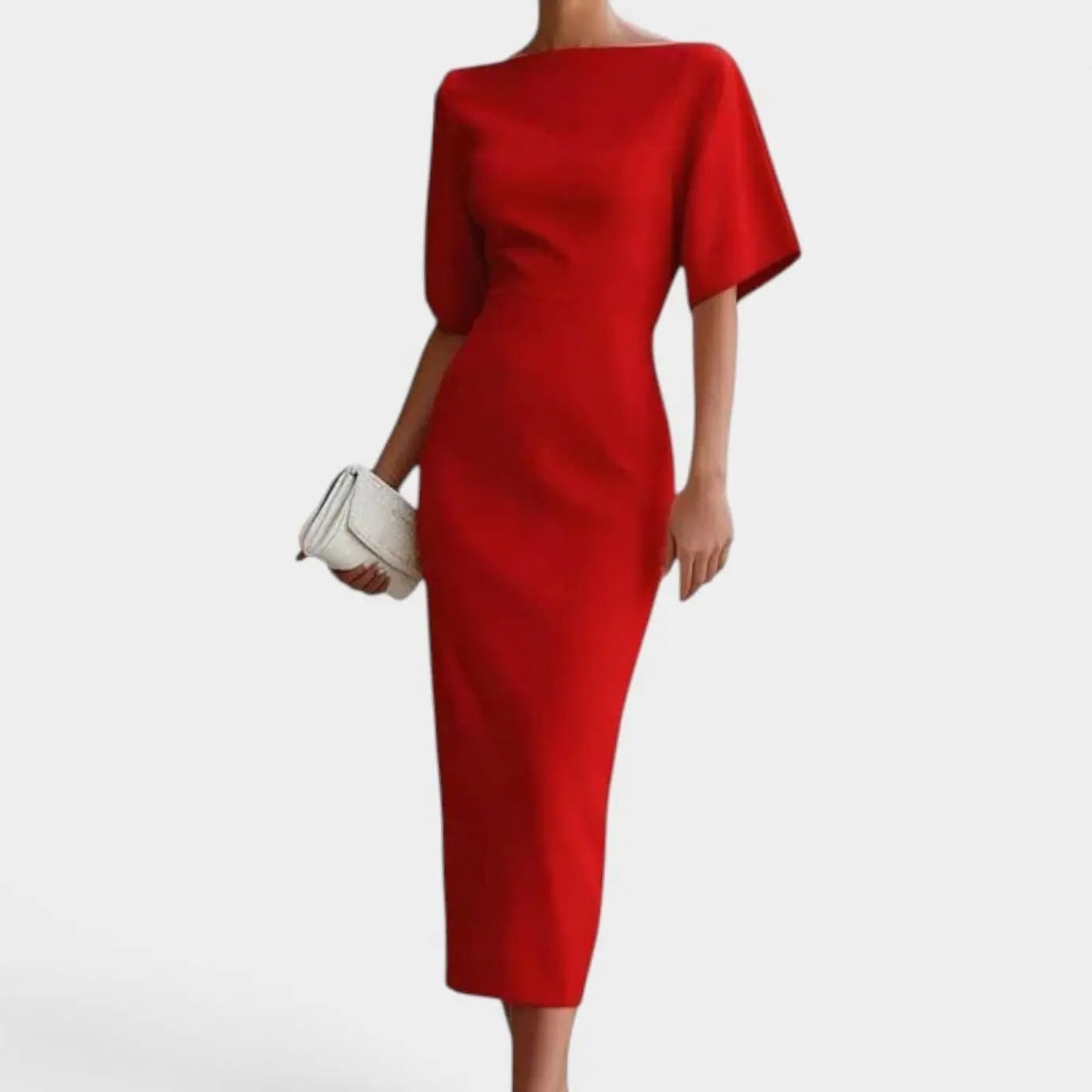 Women's Elegant Batwing Short-Sleeve Midi Formal Dress - Red