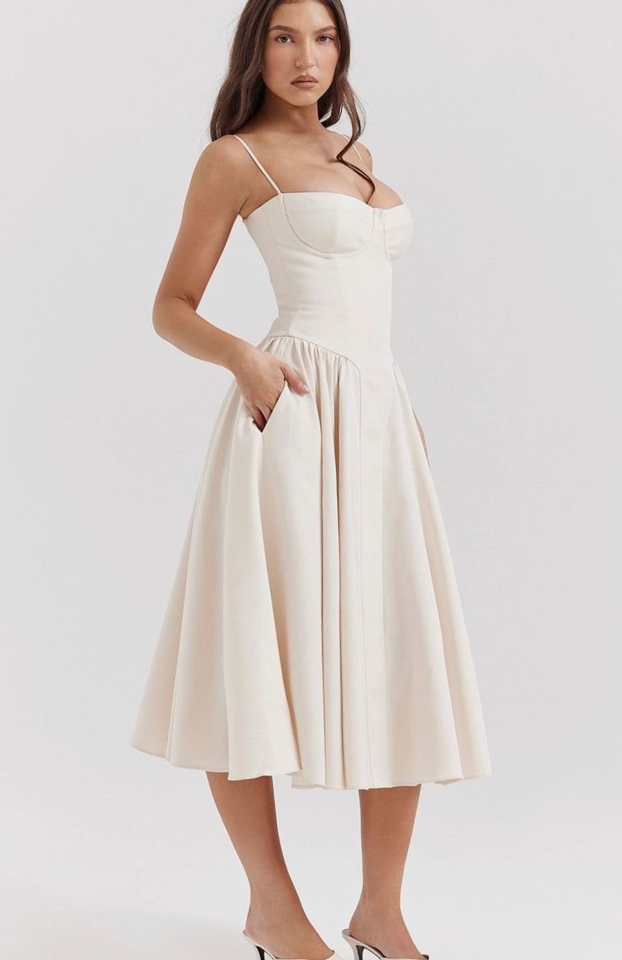 Women's Elegant Bustier Midi Dress Spaghetti Strap Fit-and-Flare - Light Beige