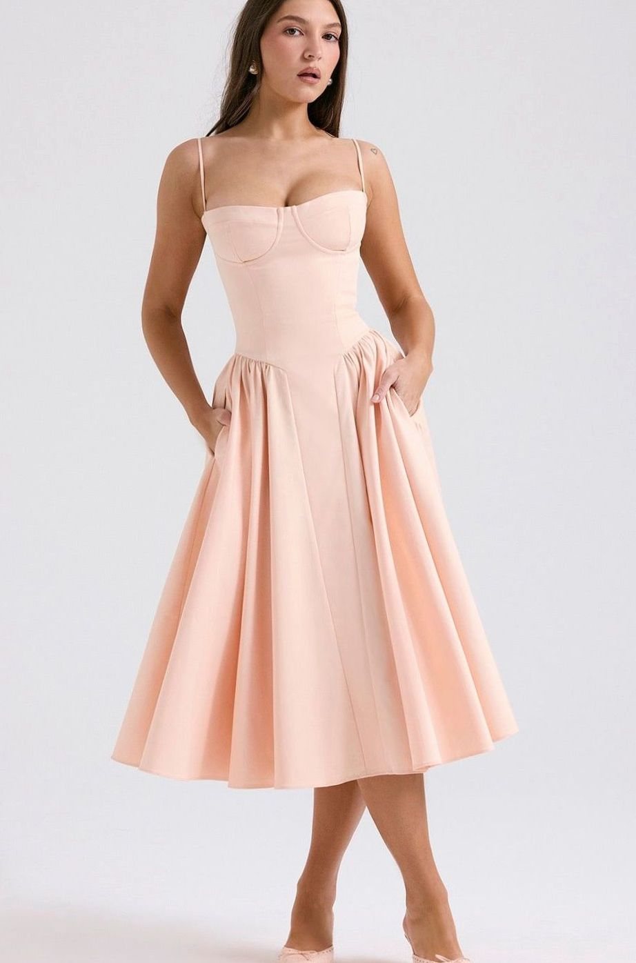 Women's Elegant Bustier Midi Dress Spaghetti Strap Fit-and-Flare - Light Pink