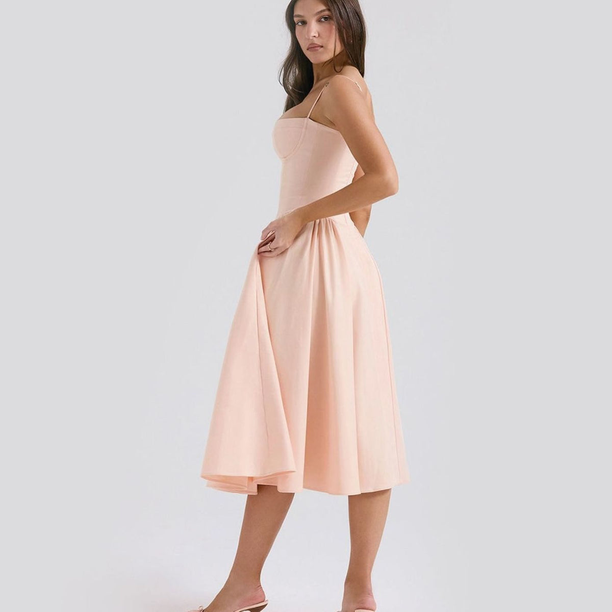 Women's Elegant Bustier Midi Dress Spaghetti Strap Fit-and-Flare