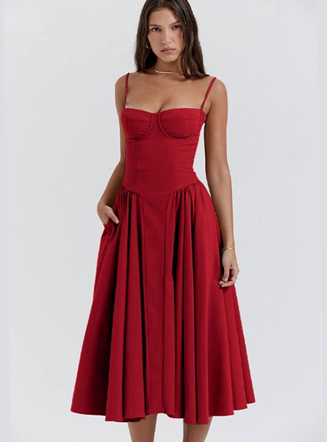 Women's Elegant Bustier Midi Dress Spaghetti Strap Fit-and-Flare - Red