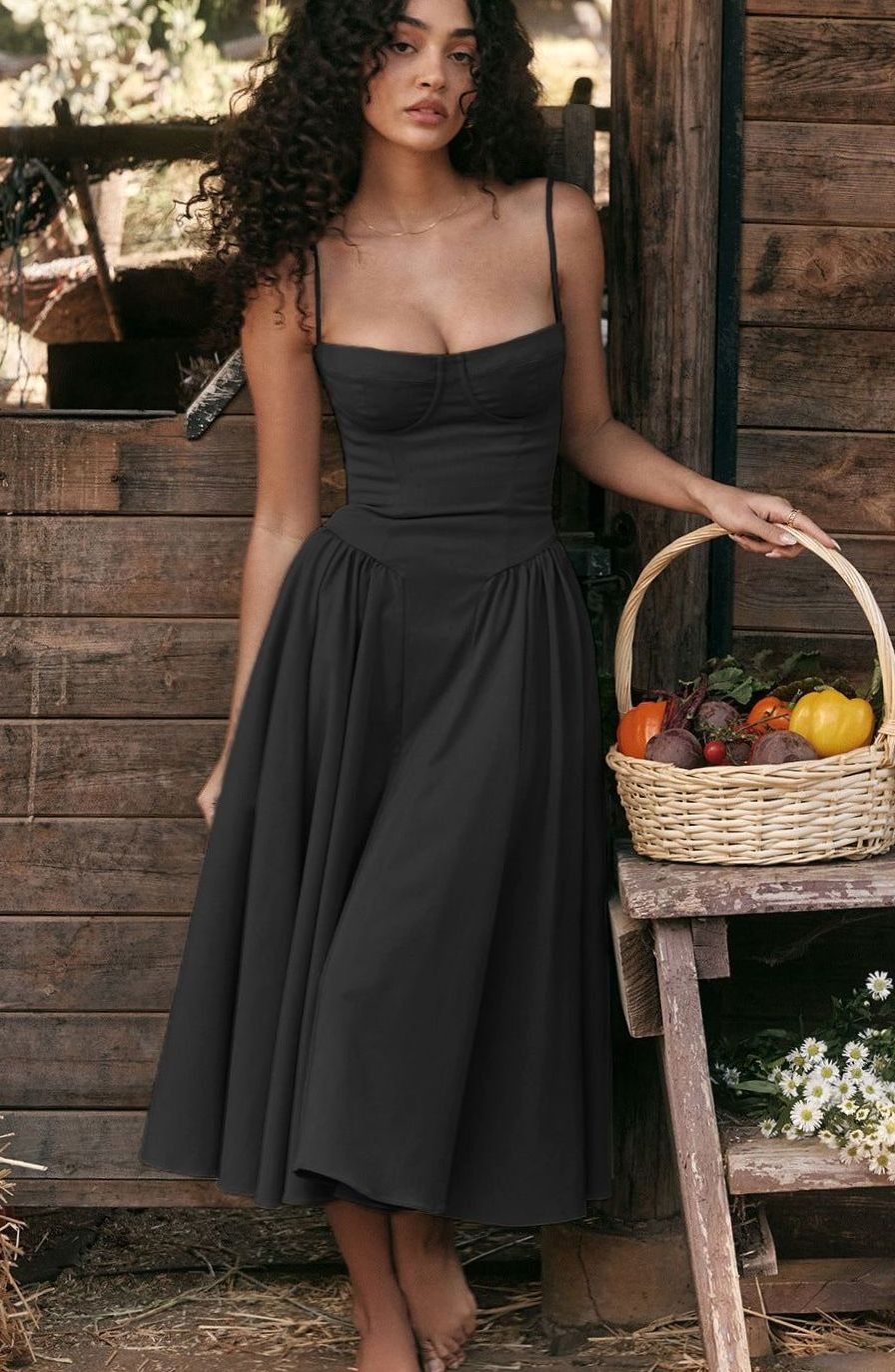Women's Elegant Bustier Midi Dress Spaghetti Strap Fit-and-Flare