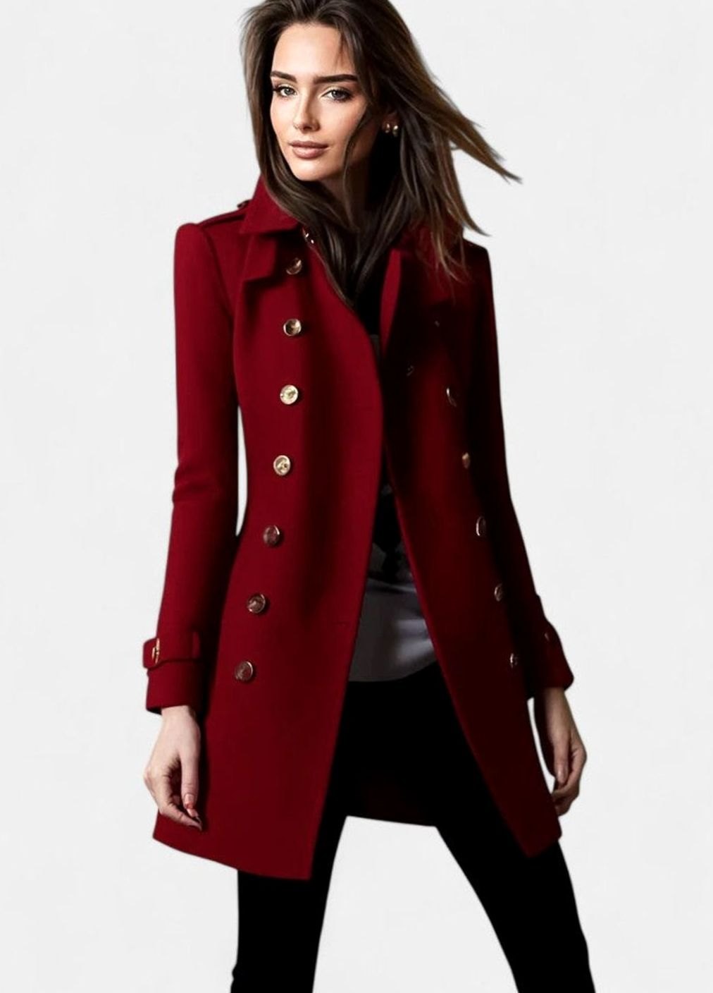 Women's Elegant Double-Breasted Winter Coat - Red