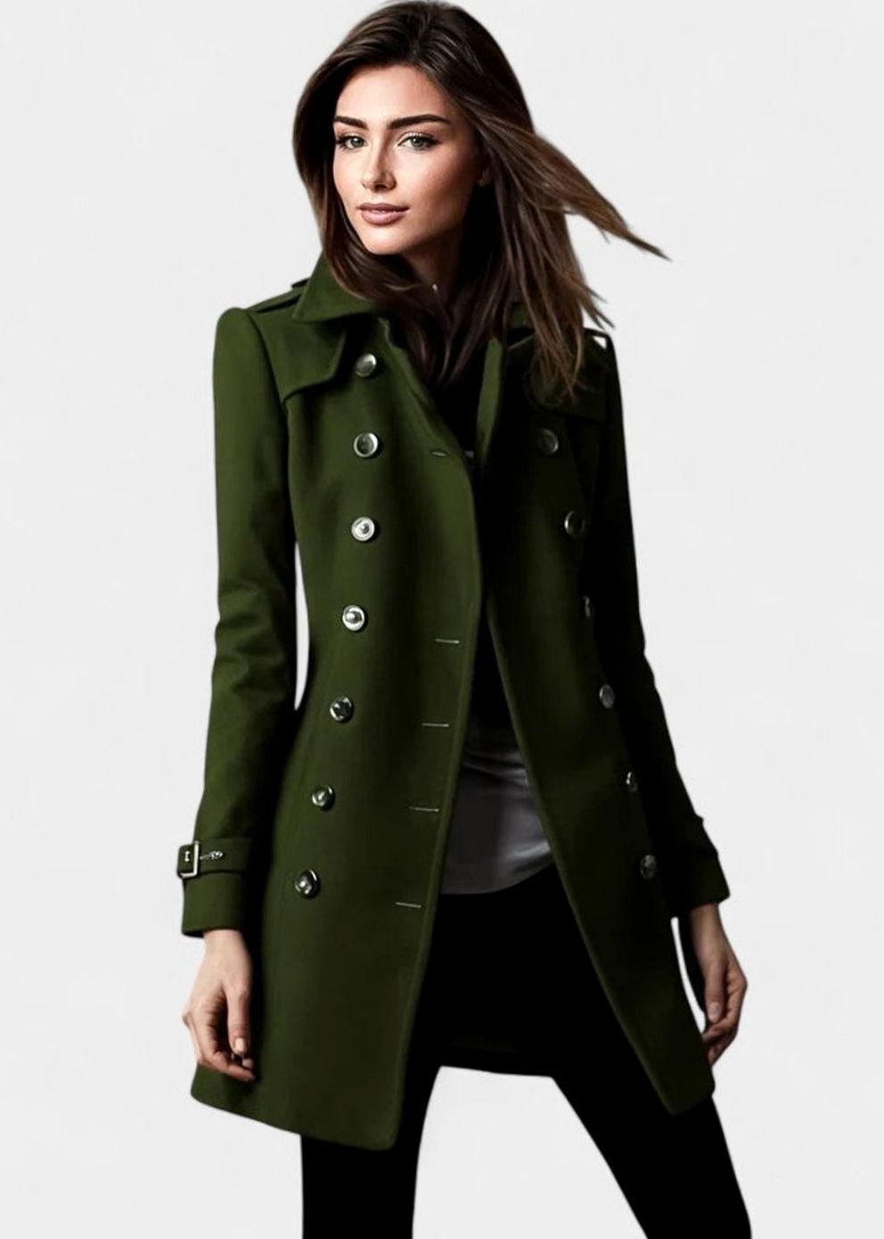 Women's Elegant Double-Breasted Winter Coat - Green