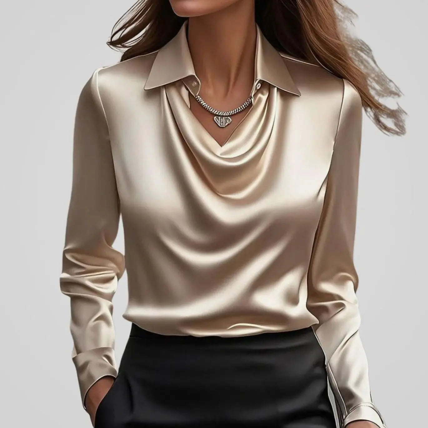 Women's Elegant Draped-Neck Long-Sleeve Satin Blouse - Champagne