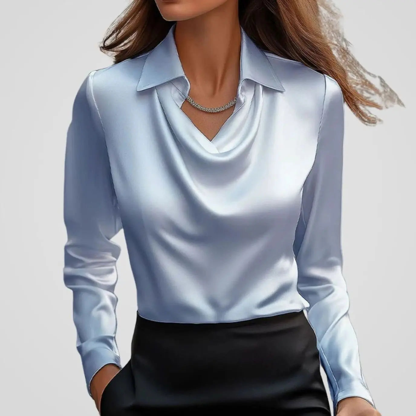 Women's Elegant Draped-Neck Long-Sleeve Satin Blouse - Blue