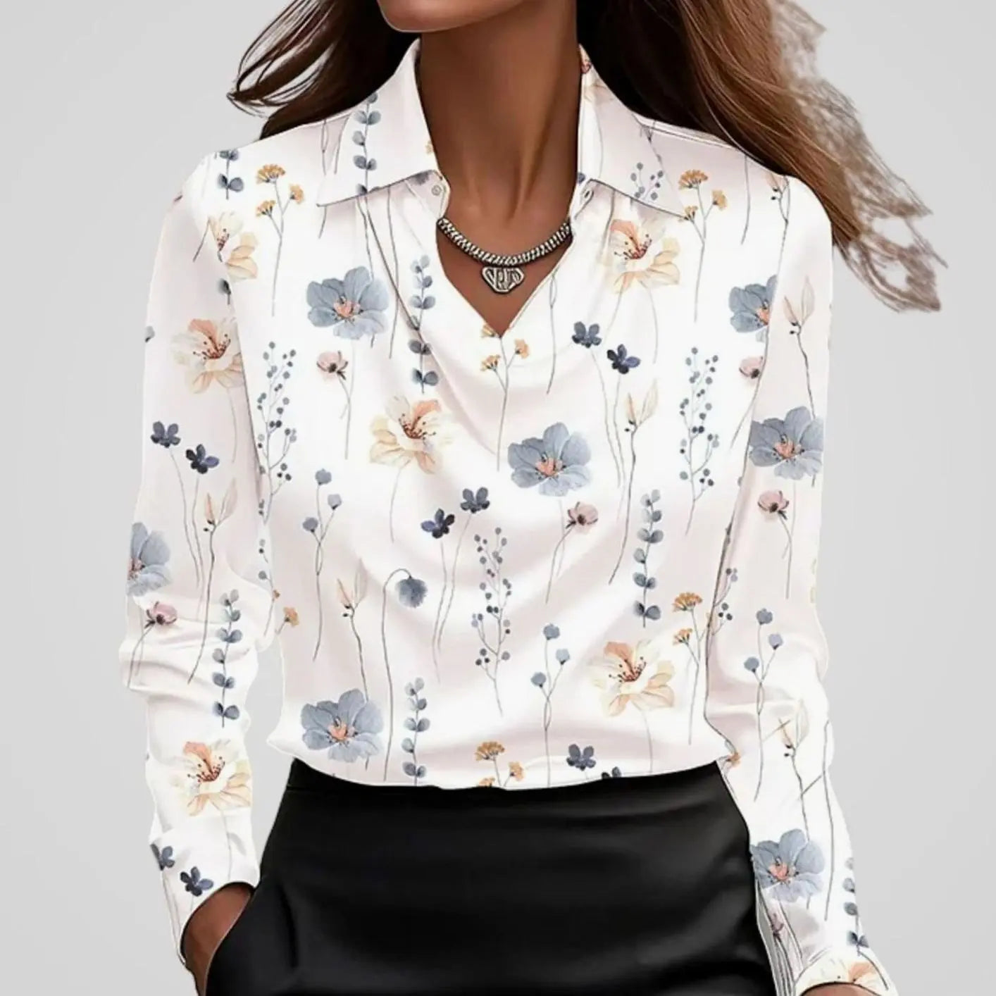 Women's Elegant Draped-Neck Long-Sleeve Satin Blouse - White Print