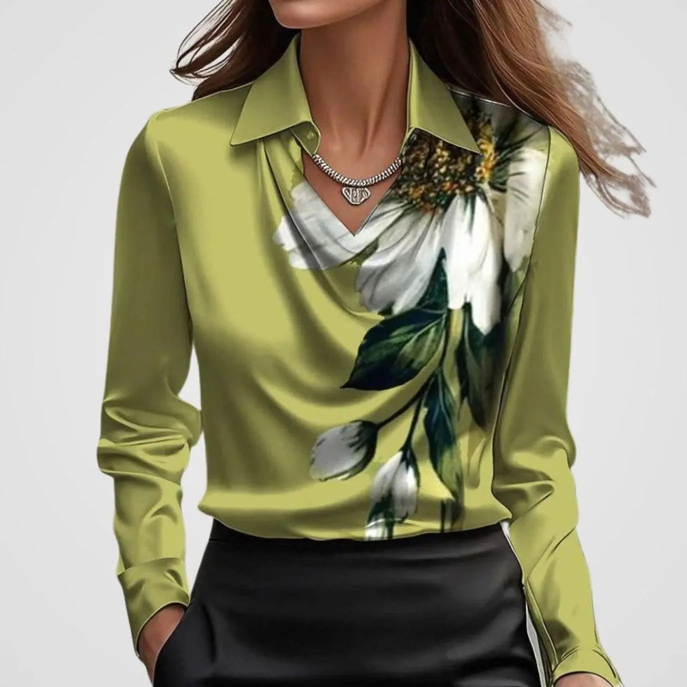 Women's Elegant Draped-Neck Long-Sleeve Satin Blouse - Green