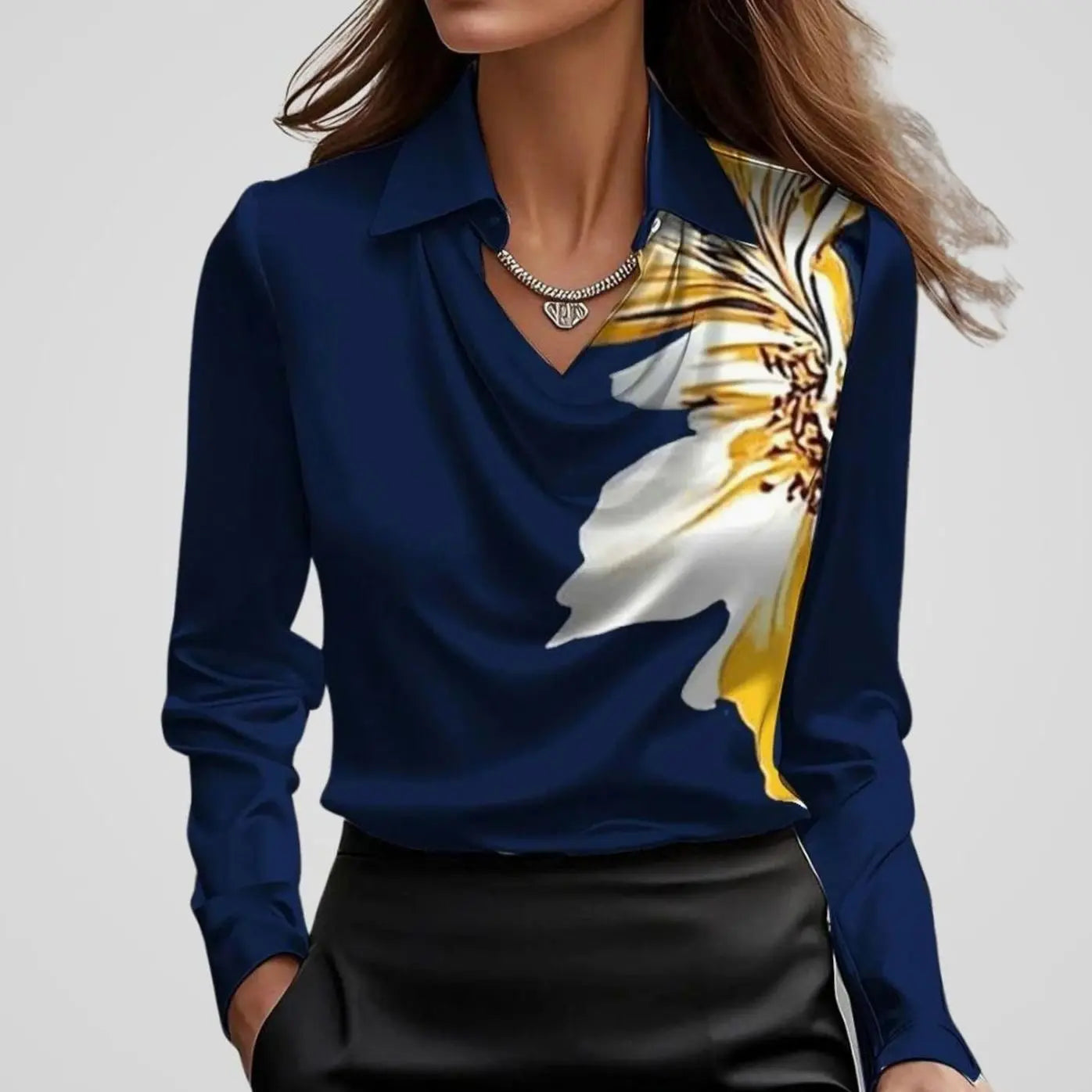 Women's Elegant Draped-Neck Long-Sleeve Satin Blouse - Dark Blue