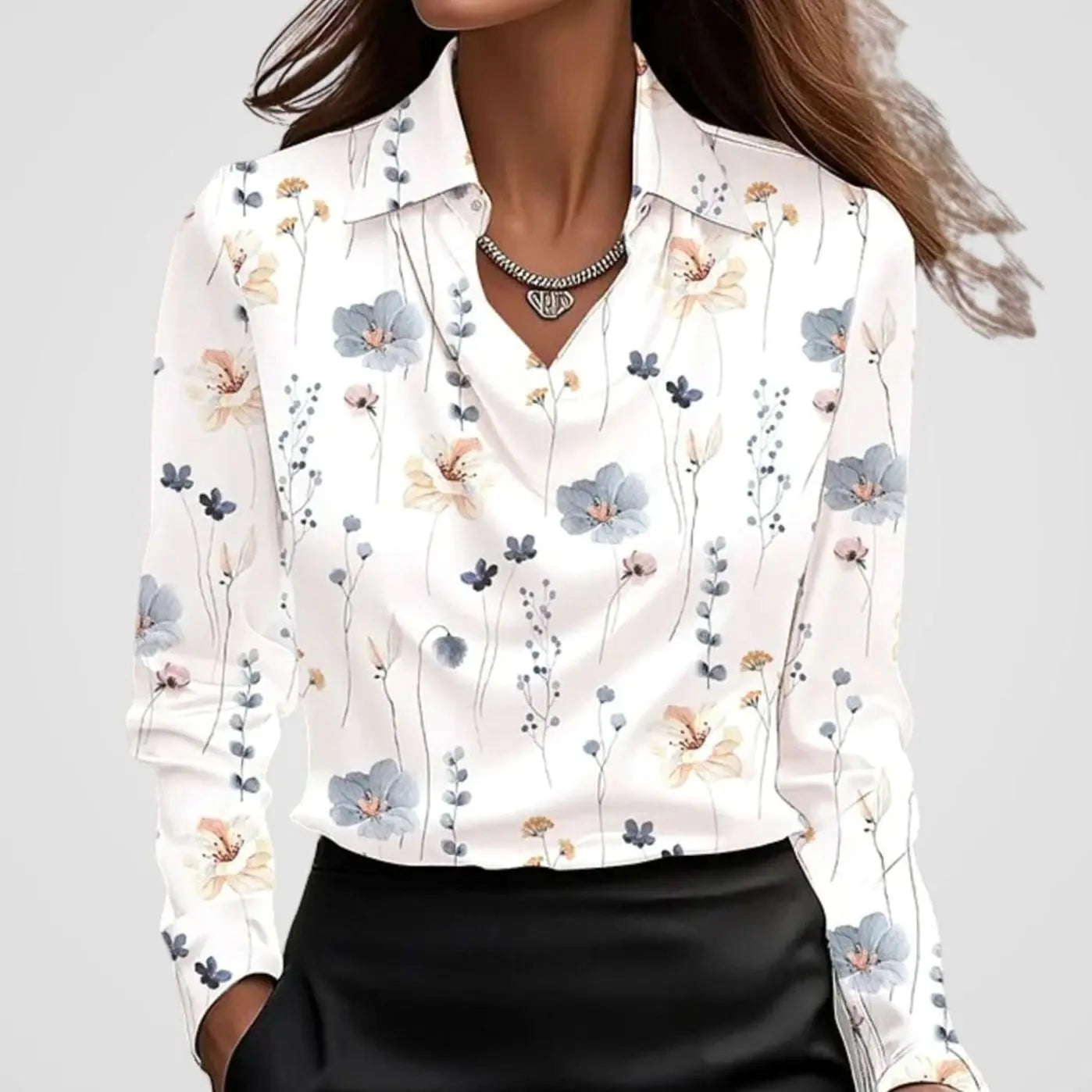 Women's Elegant Draped-Neck Long-Sleeve Satin Blouse