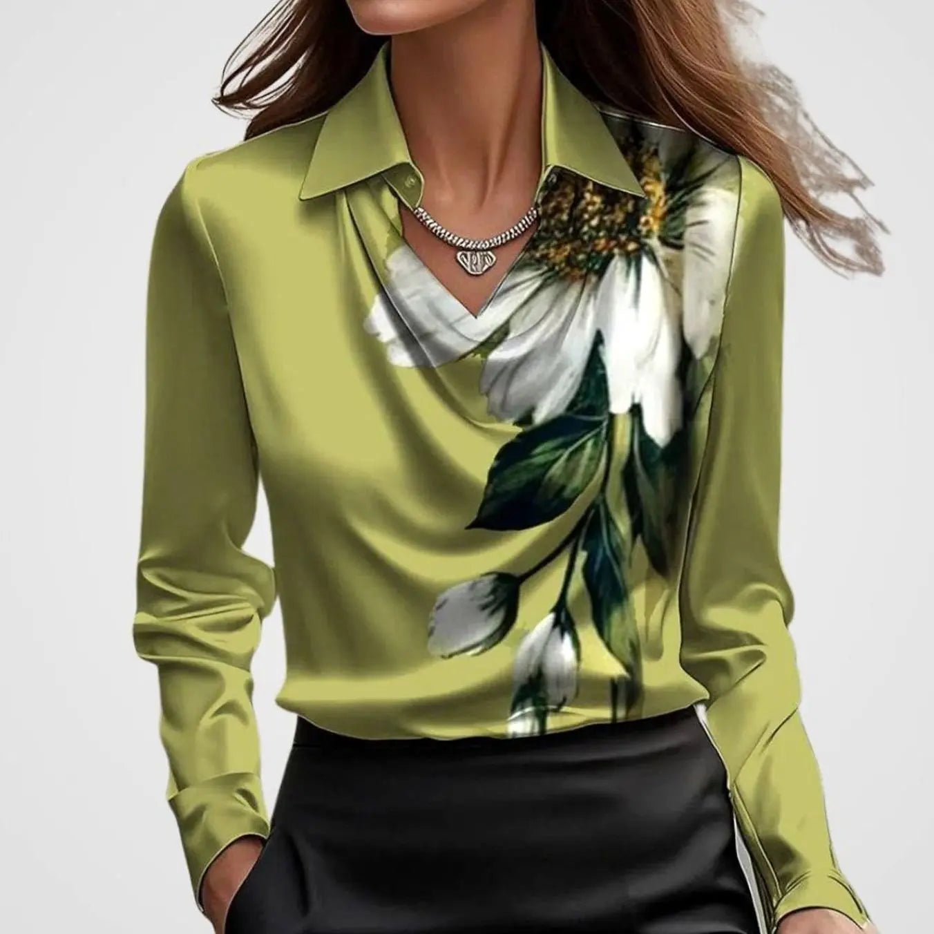 Women's Elegant Draped-Neck Long-Sleeve Satin Blouse