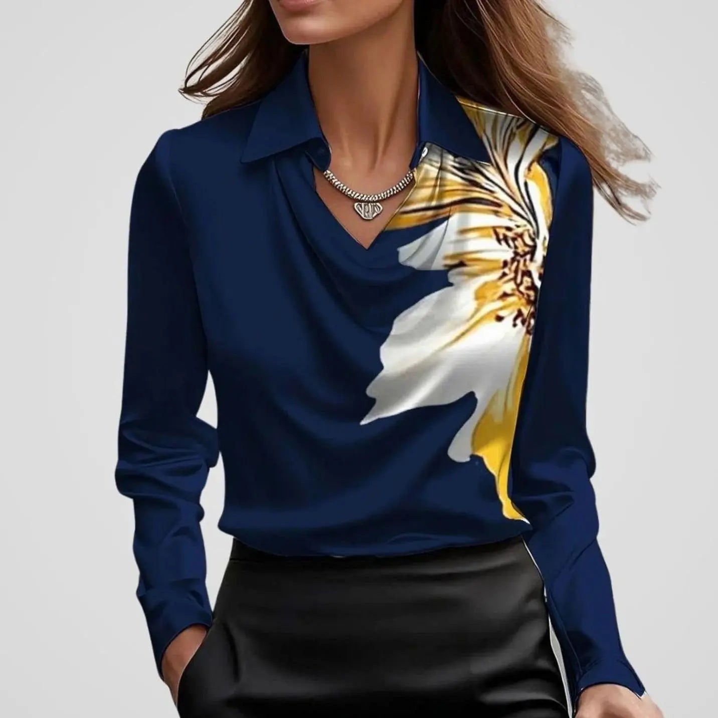 Women's Elegant Draped-Neck Long-Sleeve Satin Blouse