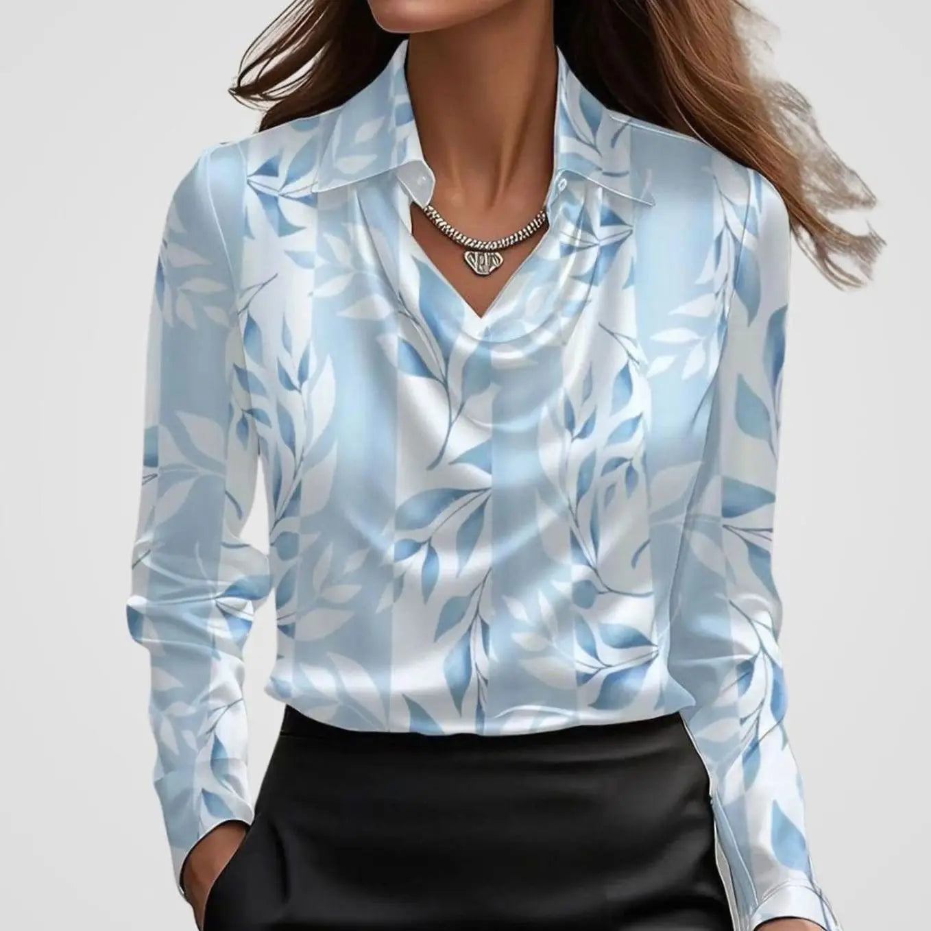 Women's Elegant Draped-Neck Long-Sleeve Satin Blouse