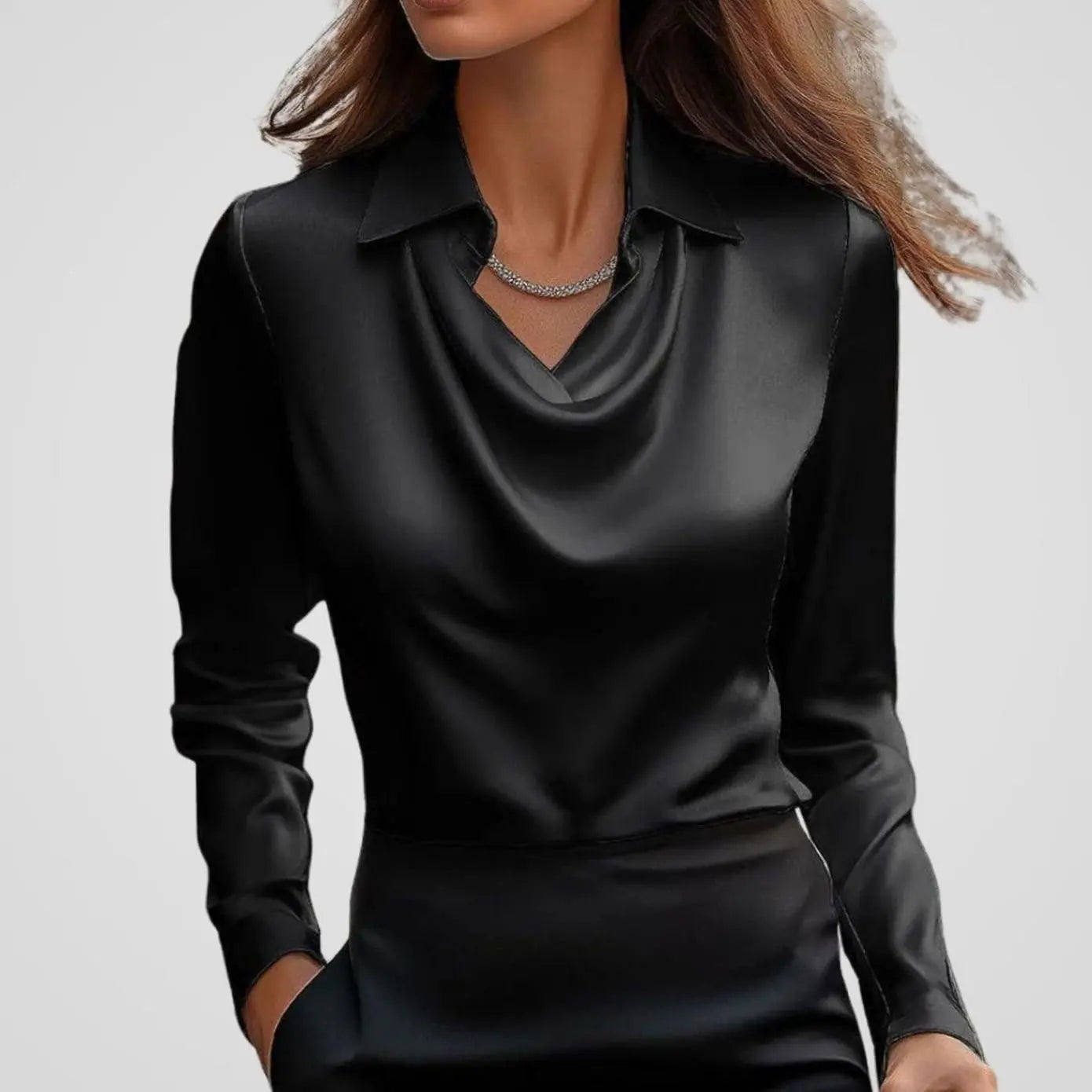Women's Elegant Draped-Neck Long-Sleeve Satin Blouse