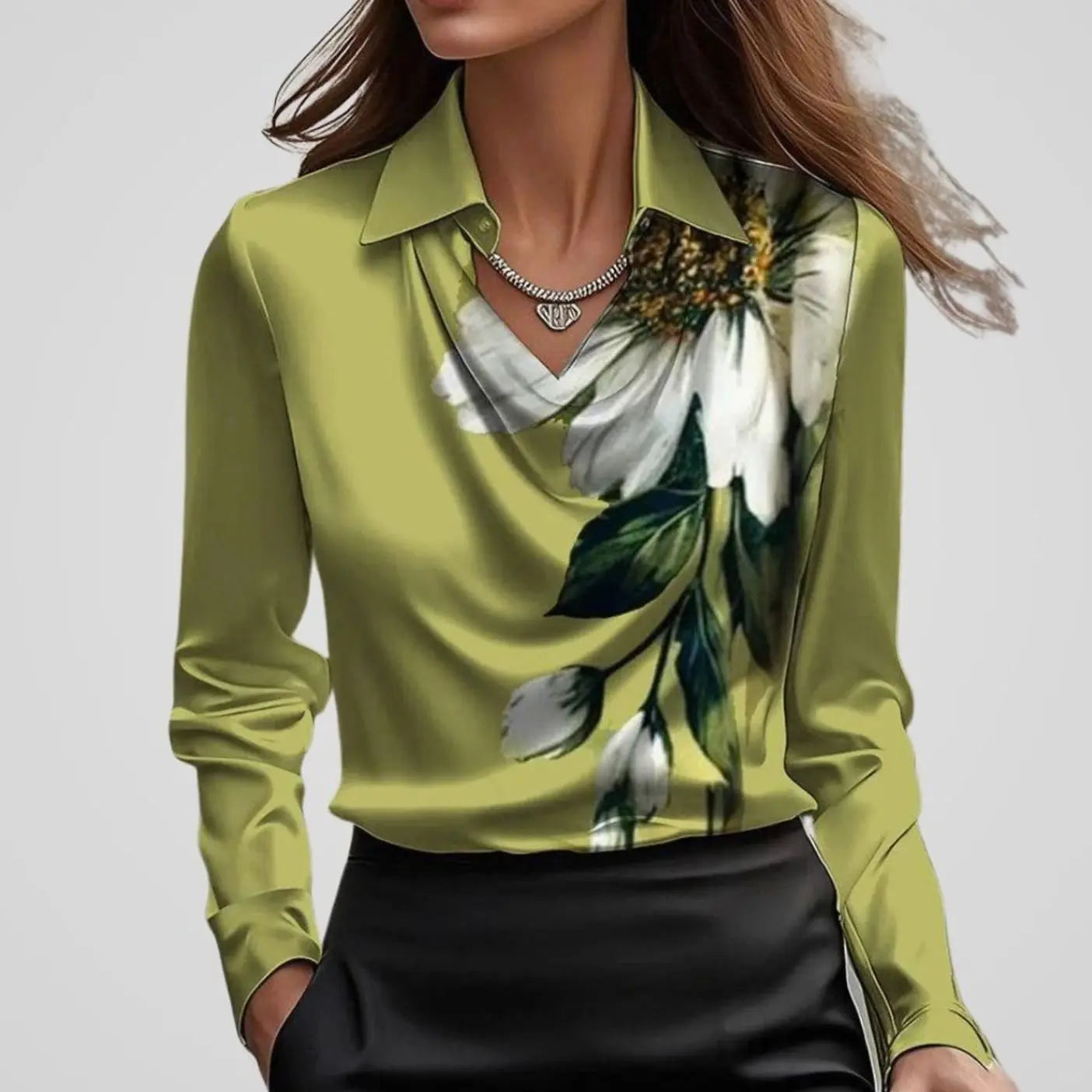 Women's Elegant Draped-Neck Long-Sleeve Satin Blouse