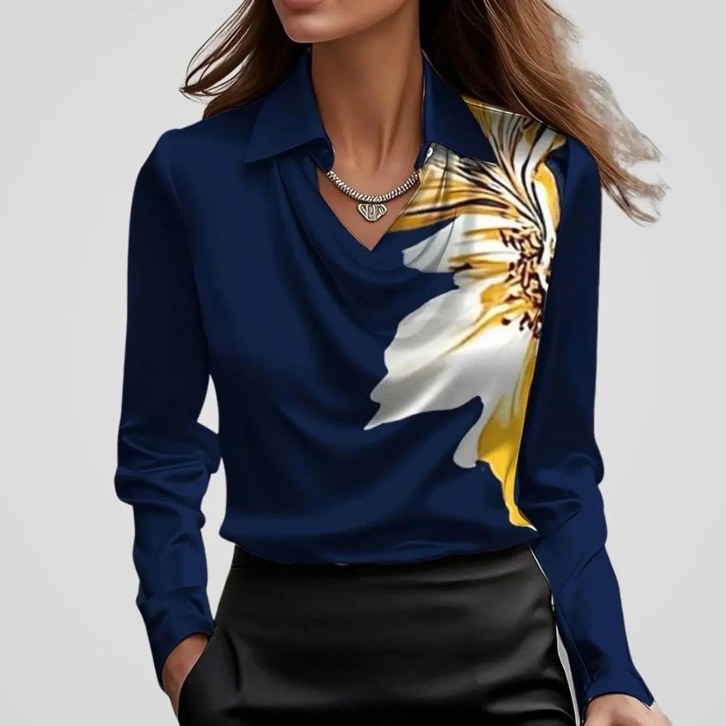 Women's Elegant Draped-Neck Long-Sleeve Satin Blouse