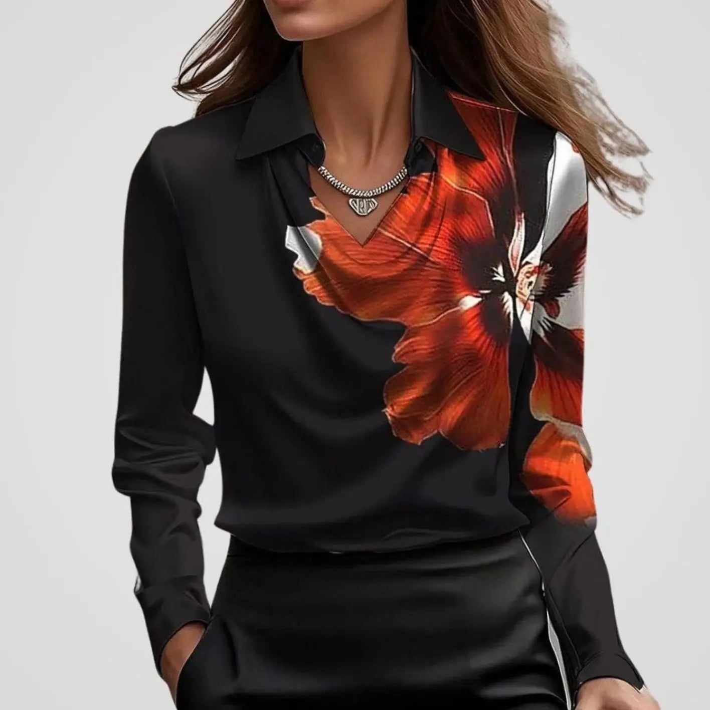 Women's Elegant Draped-Neck Long-Sleeve Satin Blouse