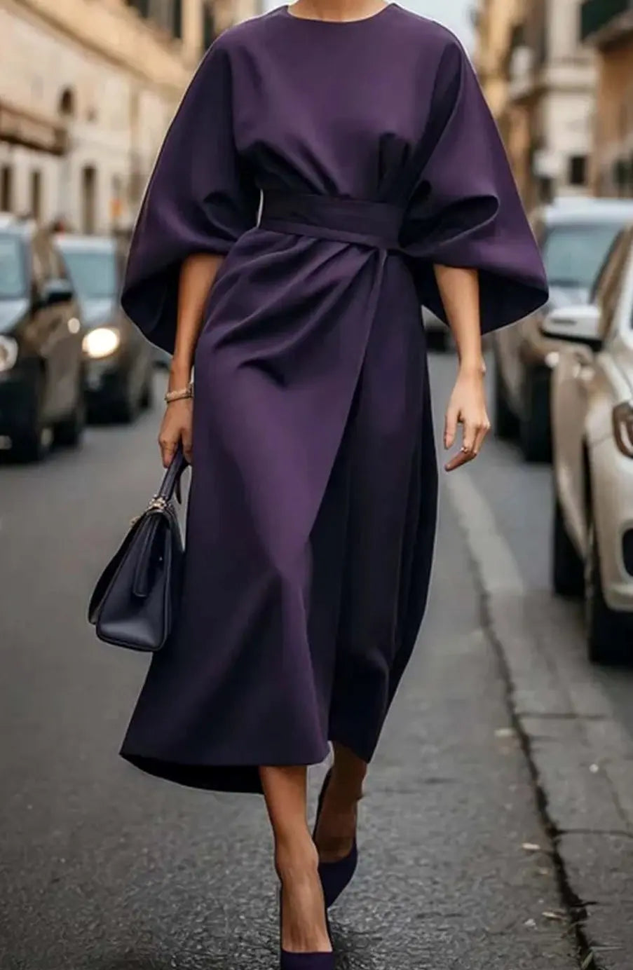 Women's Elegant Dress Belted Lantern-Sleeve Midi - Purple