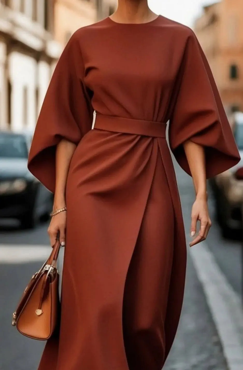 Women's Elegant Dress Belted Lantern-Sleeve Midi - Rust Brown