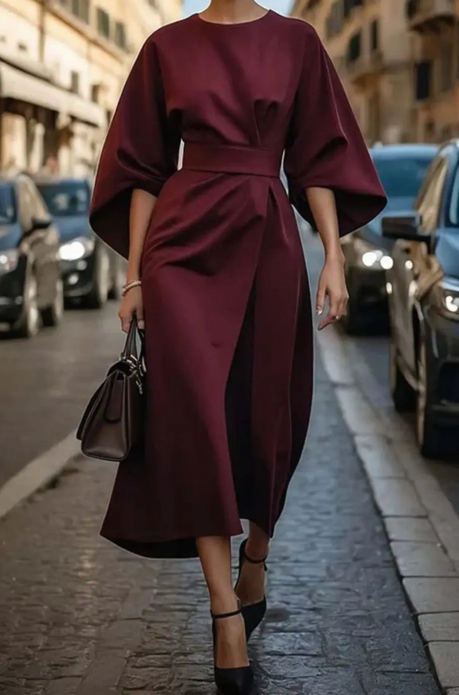 Women's Elegant Dress Belted Lantern-Sleeve Midi - Burgundy
