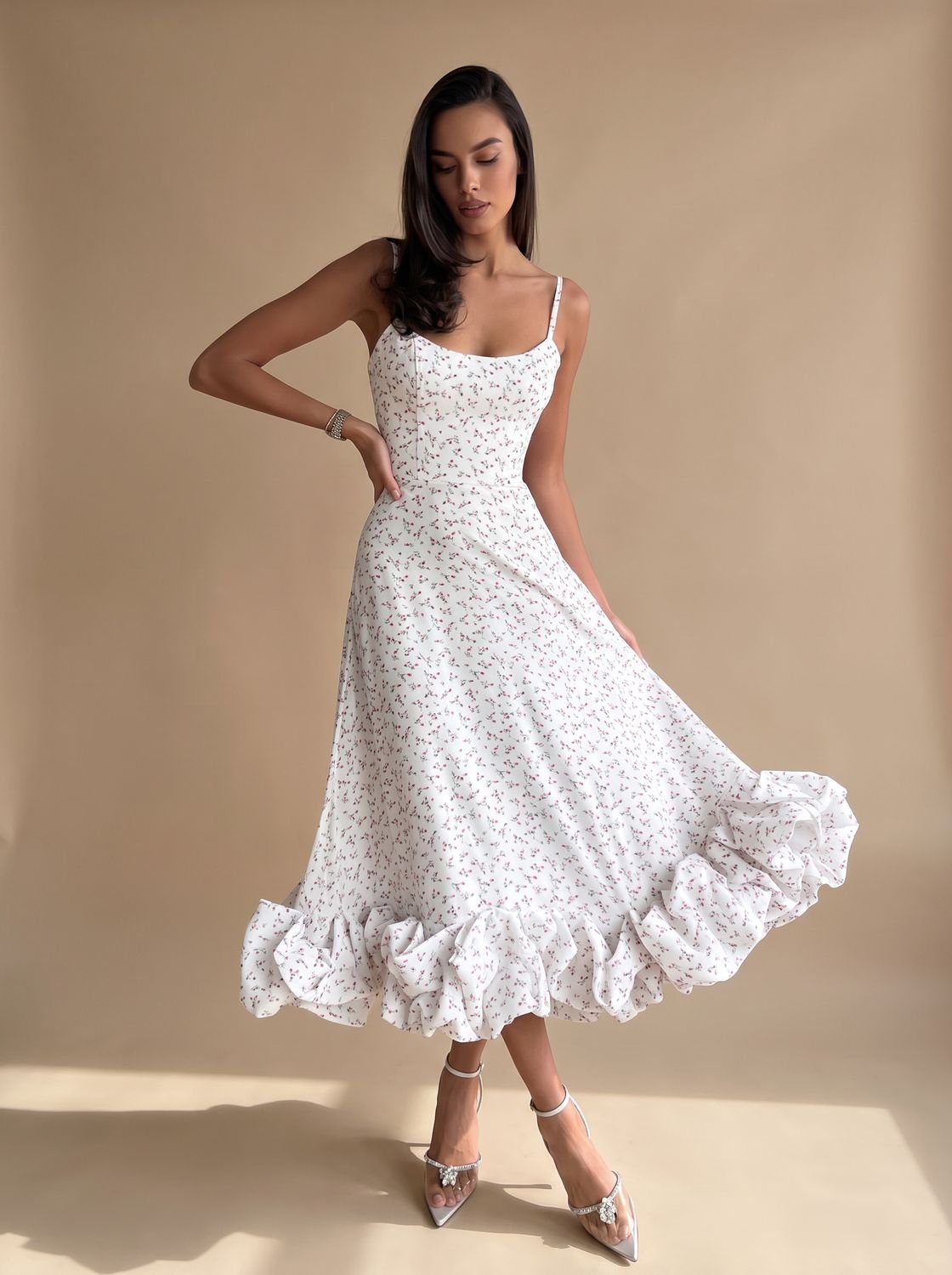 Women's Elegant Floral A-Line Bustier Midi Formal Dress