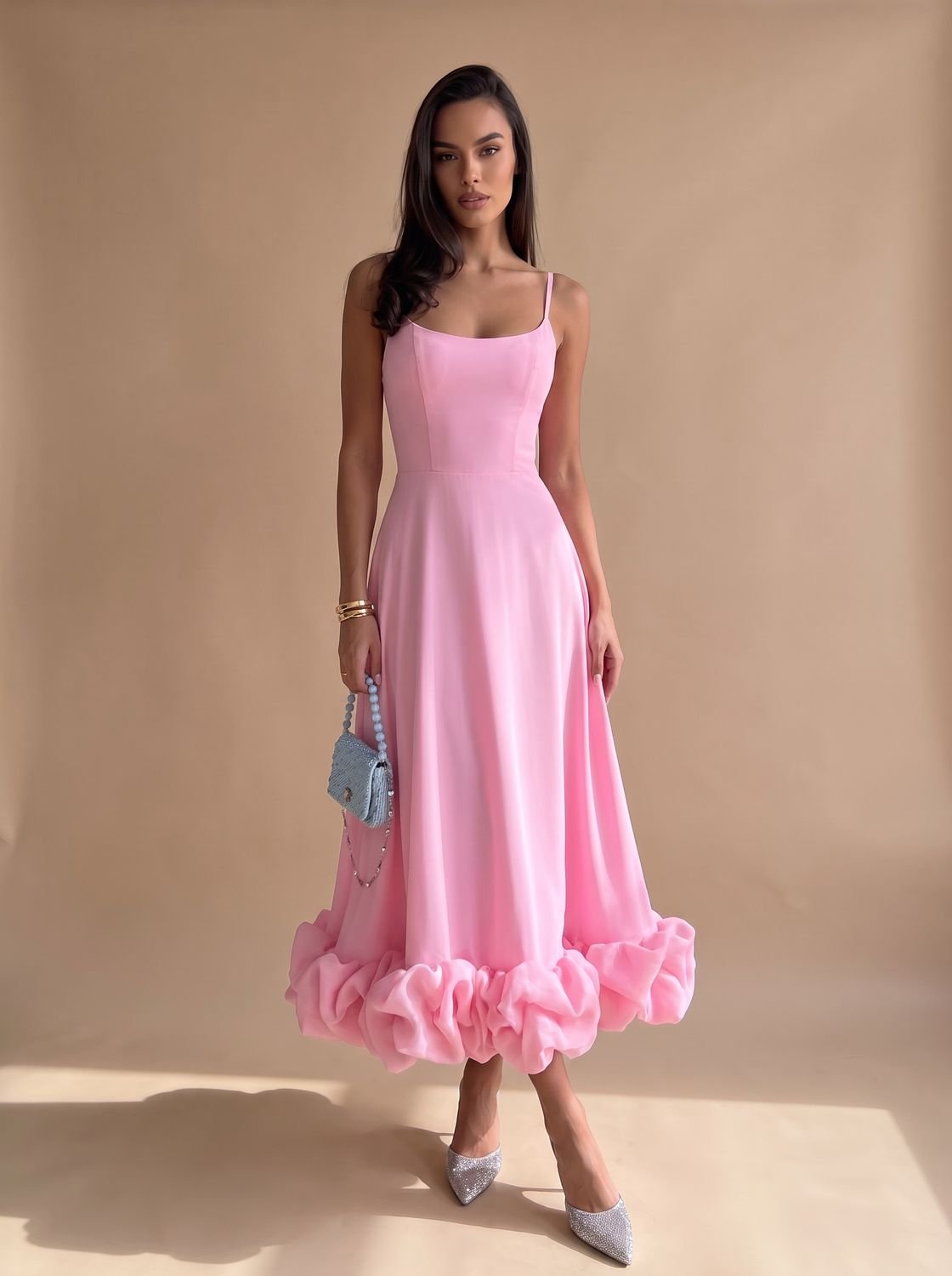 Women's Elegant Floral A-Line Bustier Midi Formal Dress - Pink