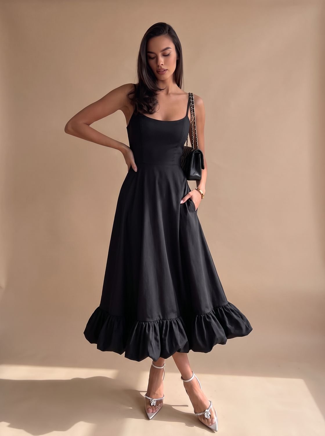 Women's Elegant Floral A-Line Bustier Midi Formal Dress - Black