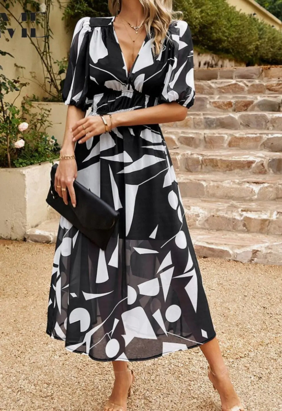 Women's Elegant Floral Midi Dress Puff Sleeve V-Neck