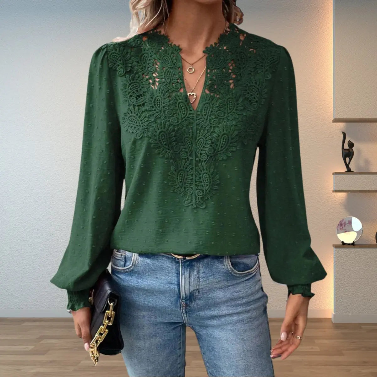 Women's Elegant Lace-Detail V-Neck Long-Sleeve Blouse - Dark Green