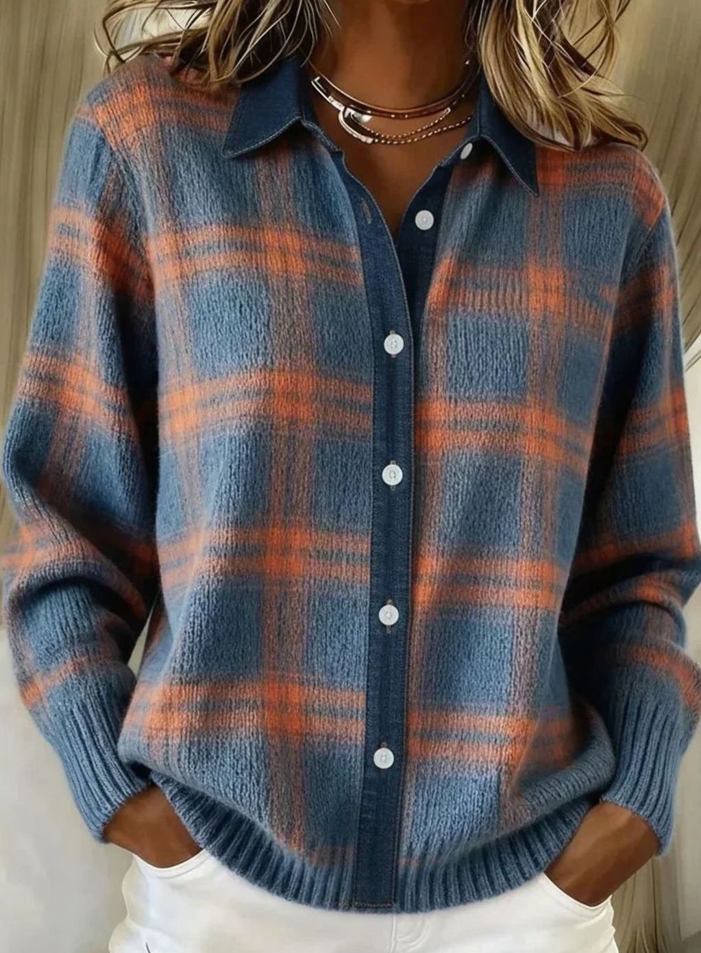 Women's Elegant Long Checked Button-Front Cardigan Sweater - Blue and Orange
